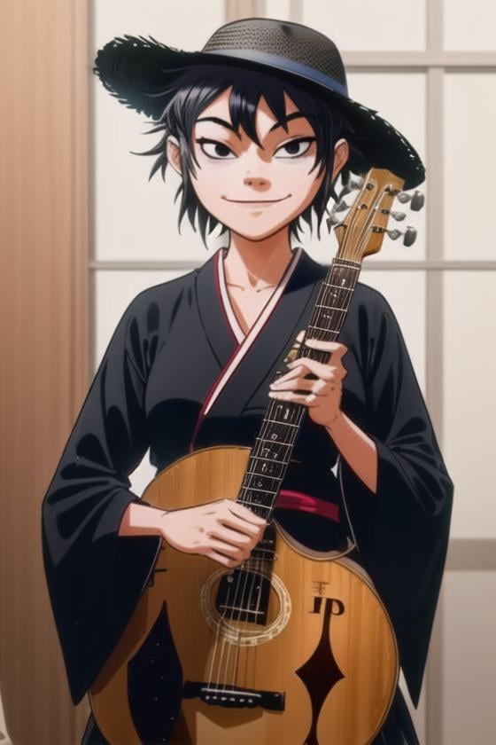 <lora:noodle_(gorillaz):0.6>, noodle (gorillaz), masterpiece, best quality, instrument, solo, black hair, hat, japanese clothes, guitar, black eyes, smile, kimono, short hair, upper body, holding, playing instrument, straw hat, haori, 1girl, blue kimono, closed mouth, breasts, holding instrument, long sleeves