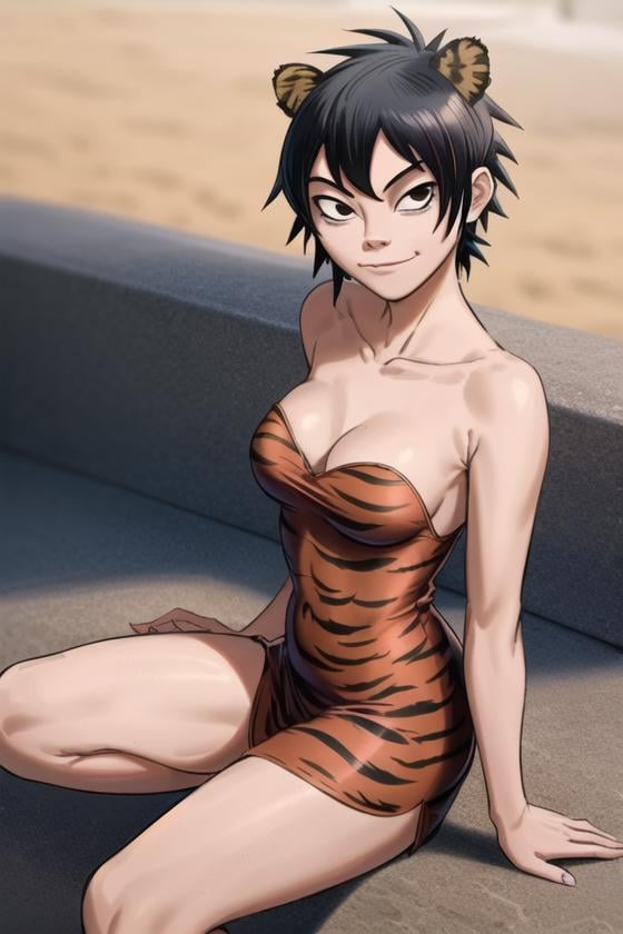 <lora:noodle_(gorillaz):0.6>, noodle (gorillaz), masterpiece, best quality, 1girl, solo, black hair, tiger print, animal print, short hair, bare shoulders, strapless, looking at viewer, strapless, dress, strapless dress,  