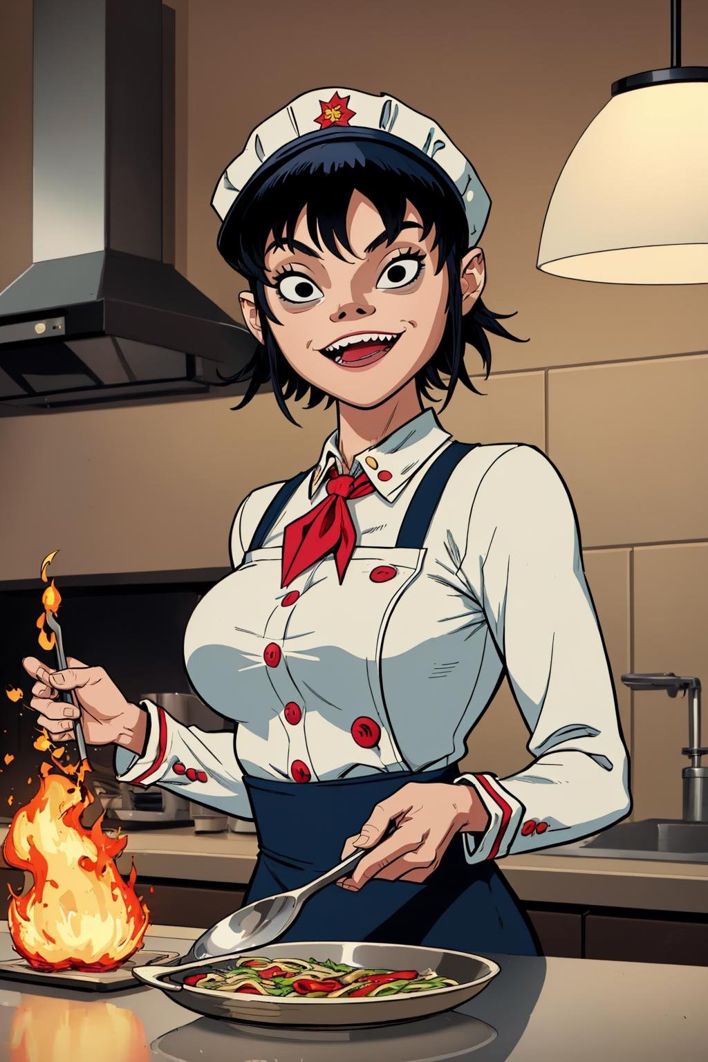 (masterpiece, best quality:1.2),  <lora:noodle_(gorillaz):.9>, noodle (gorillaz), 1girl, hat, chef hat, black hair, chef, solo, open mouth, black eyes, smile, short hair, frying pan, indoors, cooking, fire, ;d, breasts, holding, buttons, teeth, kitchen, apron, large breasts, neckerchief, bob cut, food, long sleeves