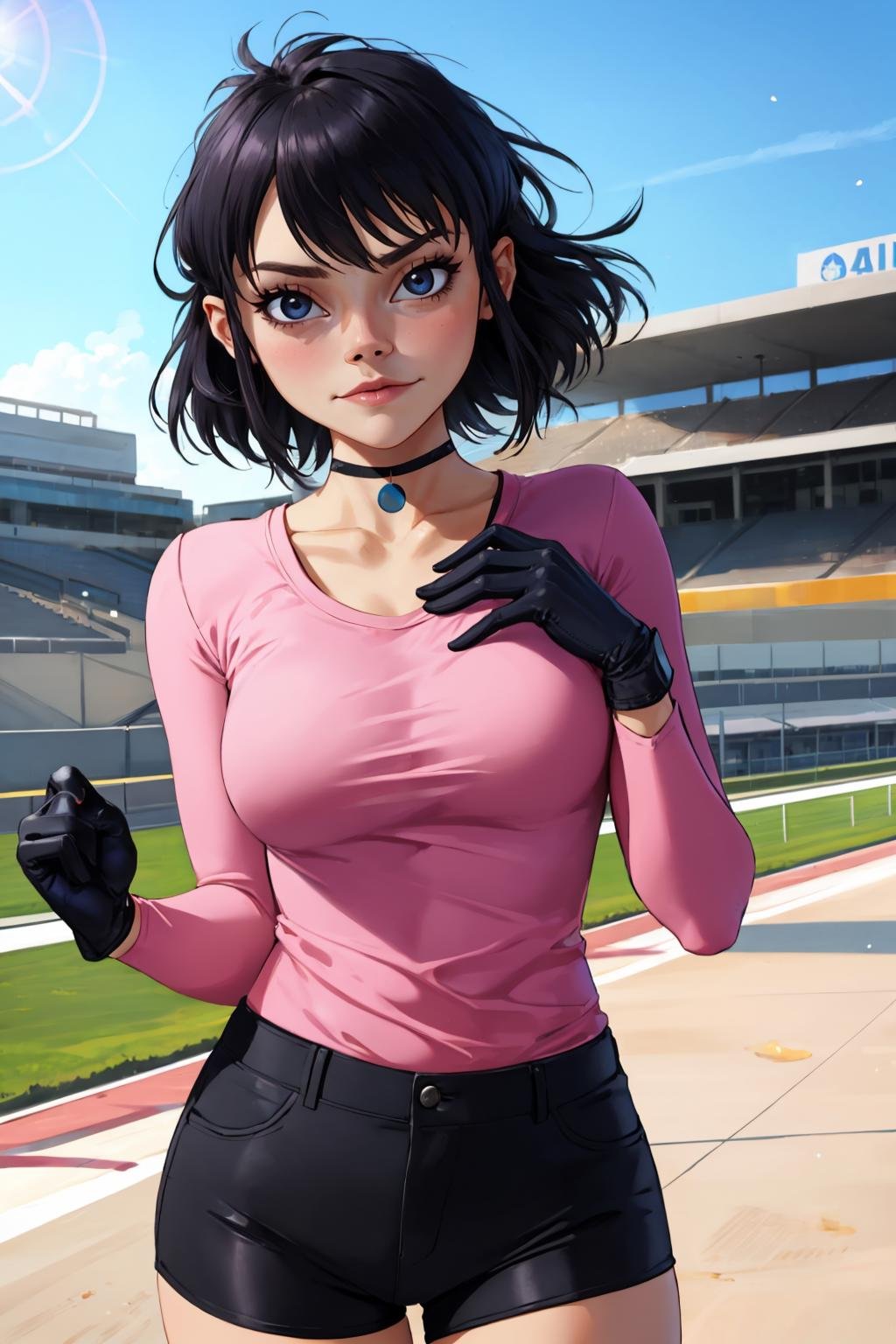 masterpiece, best quality, outdoors, depth of field, lens flare, light particles, 1girl, solo, looking at viewer, breasts,  <lora:noodlegorillaz-guy-v3:.95>, noodlegorillaz, black hair, collarbone, shorts, pink shirt, gloves, choker, long sleeves, shirt tucked in, black shorts, black gloves, blue sky, racetrack, 