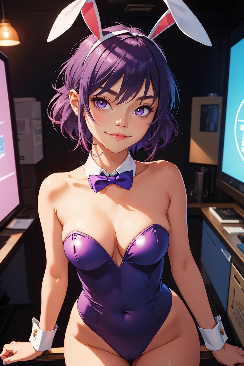 masterpiece, best quality,1girl, solo, looking at viewer, breasts,  <lora:noodlegorillaz-guy-v3:.93>, noodlegorillaz, purple hair, purple eyes, collarbone, leotard, fake animal ears, rabbit ears, rabbit tail, leotard, wrist cuffs, detached collar, bowtie, indoors, cyberpunk, neon lights, ass visible through thighs, cleavage, multicolored background, colorful, light smile, 