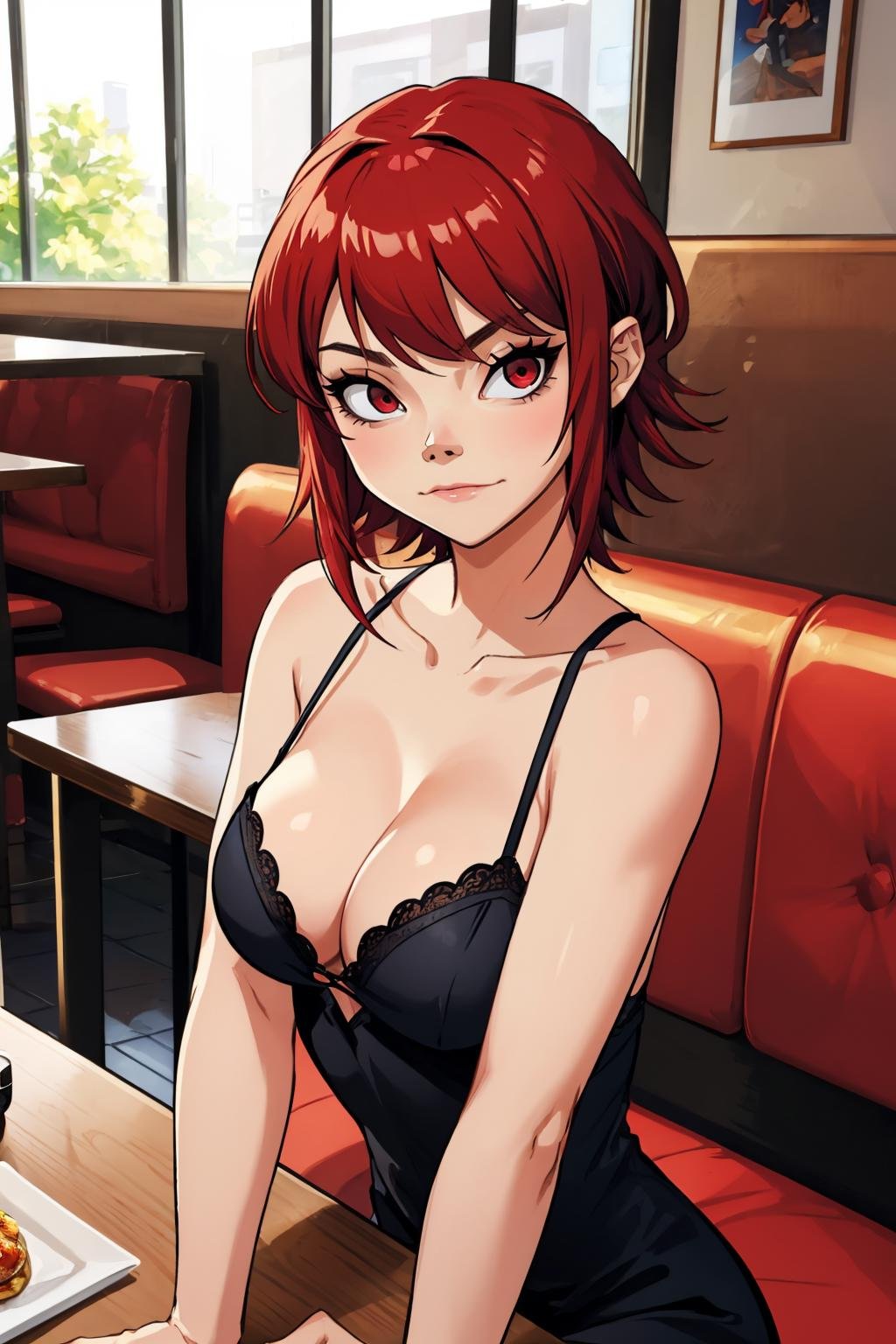 masterpiece, best quality,1girl, solo, looking at viewer, breasts,  <lora:noodlegorillaz-guy-v3:.95>, noodlegorillaz, red hair, collarbone, red eyes, dress, black dress, indoors, restaurant, bangs, (swept bangs:1.2), 