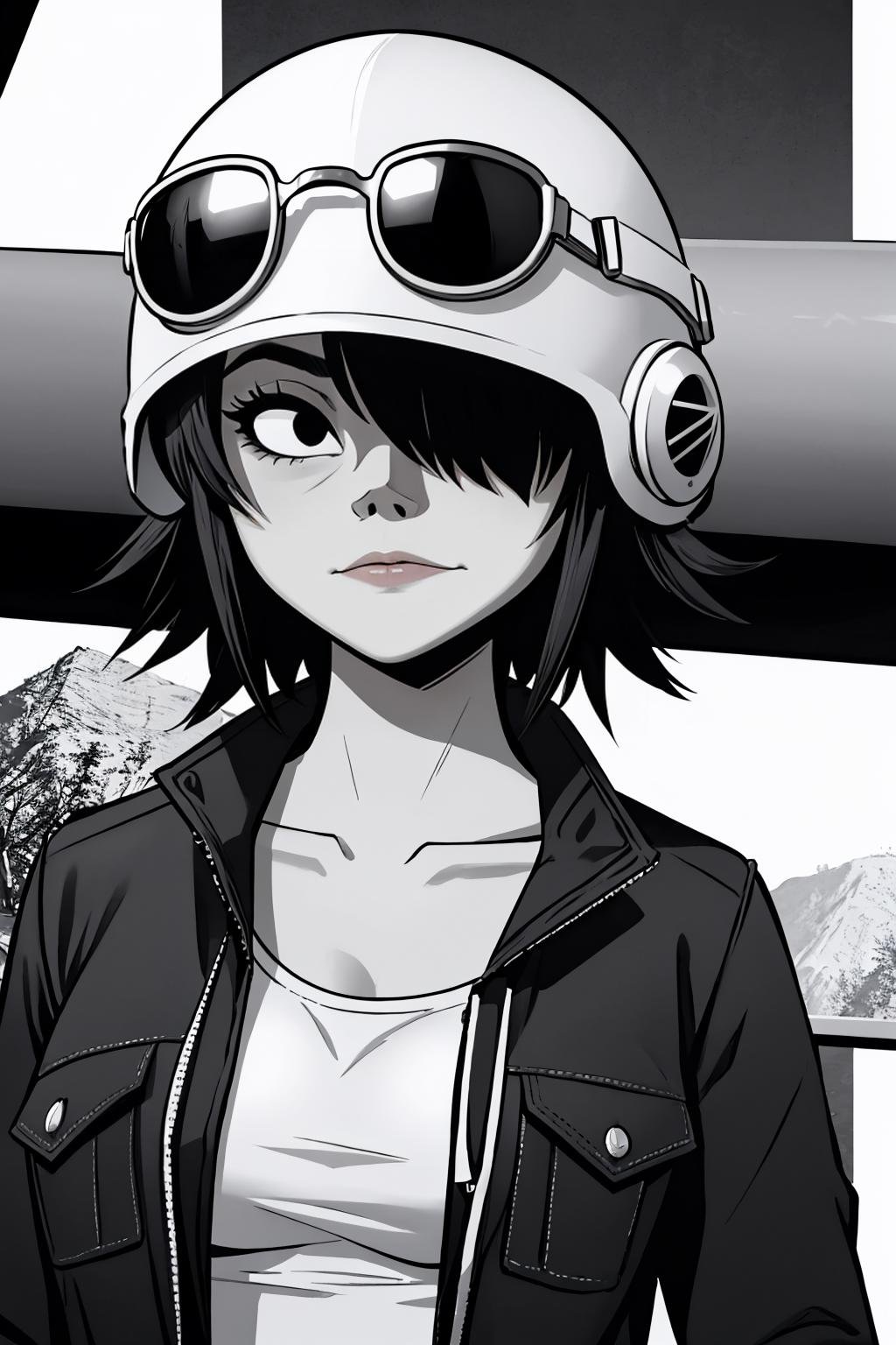 masterpiece, best quality,1girl, solo, looking at viewer, breasts,  <lora:noodlegorillaz-guy-v3:.93>, noodlegorillaz, black hair, black eyes, collarbone, hair over one eye, greyscale, jacket, sunglasses, helmet, 