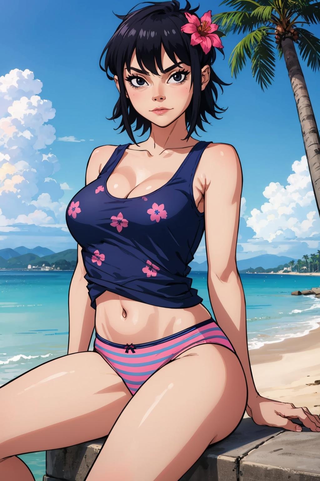 masterpiece, best quality,1girl, solo, looking at viewer, breasts,  <lora:noodlegorillaz-guy-v3:.95>, noodlegorillaz, black hair, collarbone, black eyes, tank top, midriff, hair flower, striped panties, palm tree, outdoors, sitting, beach, (blue shirt:1.2), (pink panties:1.2), cleavage, print shirt, underwear, black stripes, 