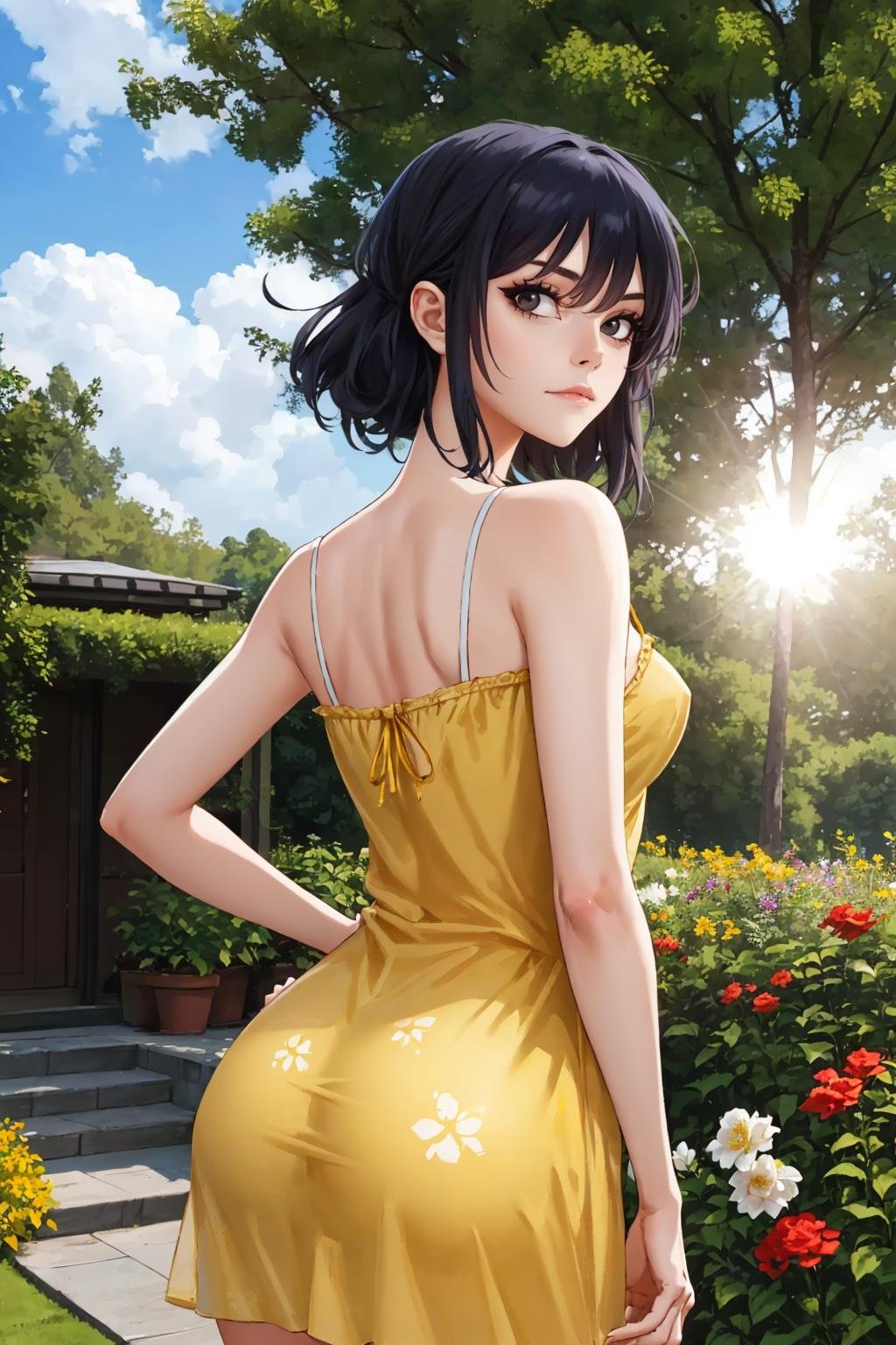 masterpiece, best quality,1girl, solo, looking at viewer, breasts,  <lora:noodlegorillaz-guy-v3:.95>, noodlegorillaz, black hair, black eyes, collarbone, yellow sundress, from behind, looking back, outdoors, garden, flower, plant, tree, lens flare, 