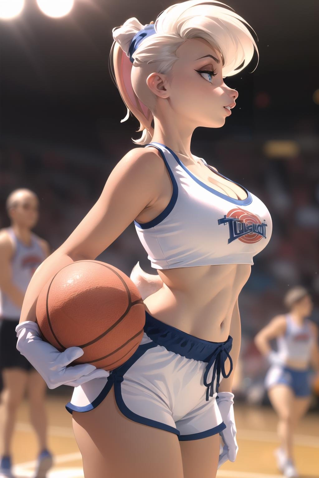 (masterpiece, best quality:1.2),  <lora:lola_bunny:.9>, lola bunny, 1girl, breasts, gloves, solo, furry female, rabbit girl, shorts, white gloves, furry, navel, rabbit ears, animal ears, large breasts, cleavage, collarbone, white shorts, midriff, sportswear, sports bra, bare shoulders, standing, stomach, crop top, tail, short shorts, blue eyes, thighs, rabbit tail, basketball uniform, clothes writing, toned, animal nose, parted lips, sleeveless, teeth, short hair, shirt, blurry, solo focus, blurry background, from side, depth of field, upper body, photo background, profile