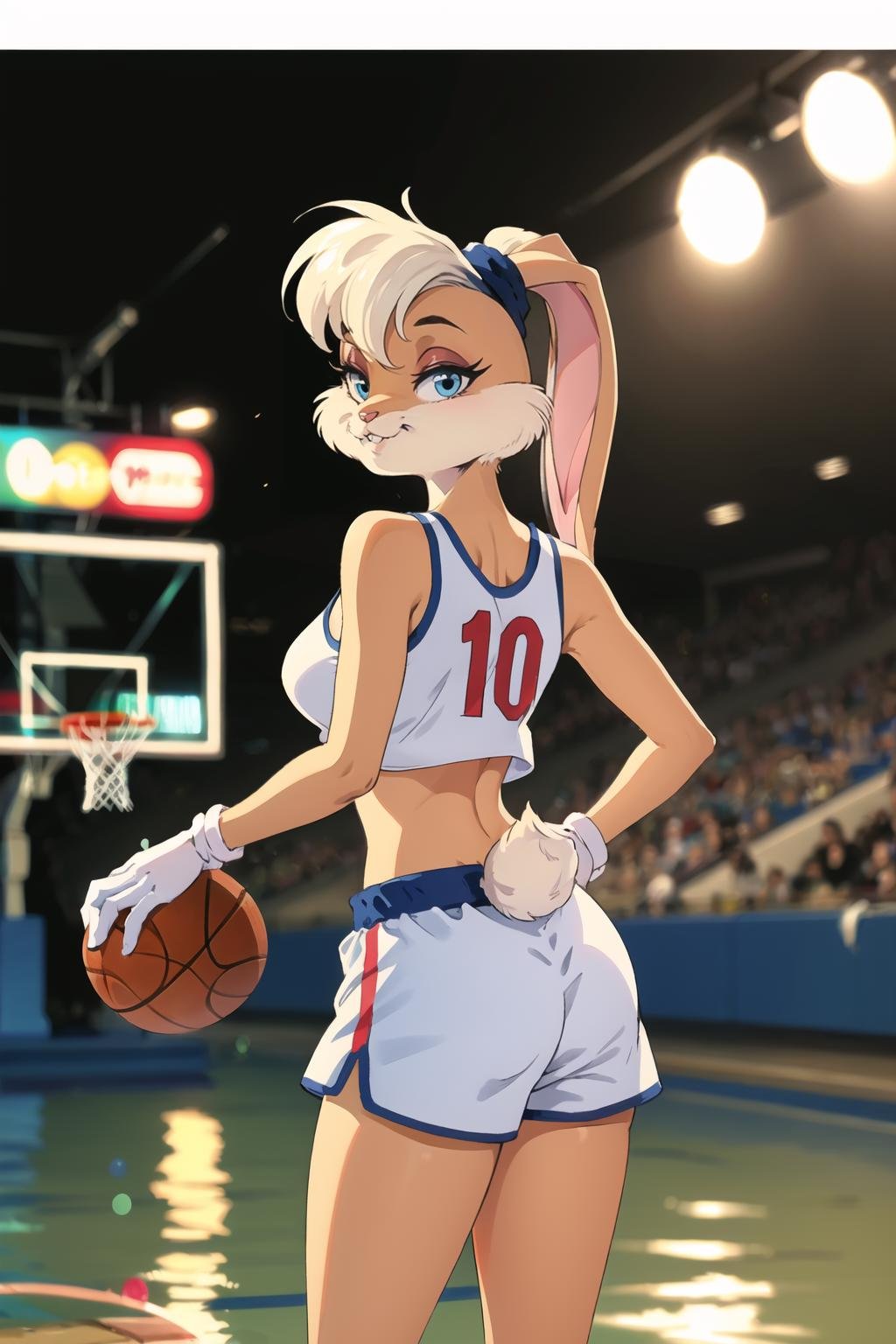 (masterpiece, best quality:1.2),  <lora:lola_bunny:.9>, lola bunny, 1girl, breasts, gloves, solo, furry female, rabbit girl, shorts, white gloves, furry, navel, rabbit ears, animal ears, large breasts, cleavage, collarbone, white shorts, midriff, sportswear, sports bra, bare shoulders, standing, stomach, crop top, tail, short shorts, blue eyes, thighs, rabbit tail, basketball uniform, clothes writing, toned, animal nose, parted lips, sleeveless, teeth, short hair, shirt, photo background, outdoors, water, blurry, holding, river, blurry background, broom, animal, from behind, standing, scenery, depth of field, reflection, dog