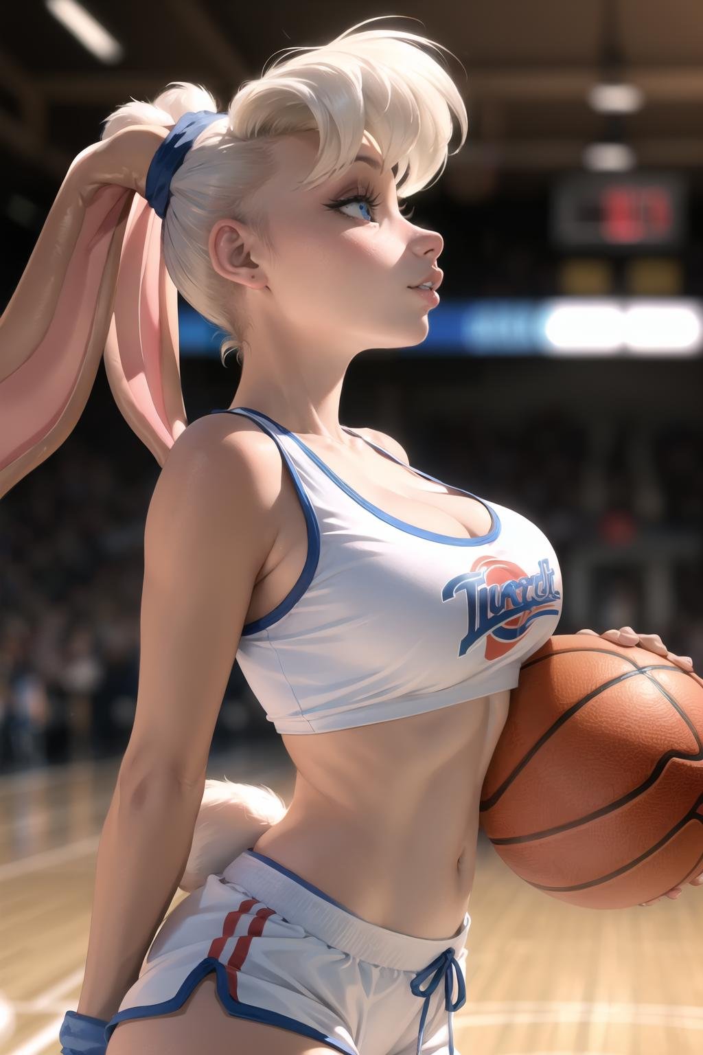 (masterpiece, best quality:1.2),  <lora:lola_bunny:.9>, lola bunny, 1girl, breasts, gloves, solo, furry female, rabbit girl, shorts, white gloves, furry, navel, rabbit ears, animal ears, large breasts, cleavage, collarbone, white shorts, midriff, sportswear, sports bra, bare shoulders, standing, stomach, crop top, tail, short shorts, blue eyes, thighs, rabbit tail, basketball uniform, clothes writing, toned, animal nose, parted lips, sleeveless, teeth, short hair, shirt, blurry, solo focus, blurry background, from side, depth of field, upper body, photo background, profile