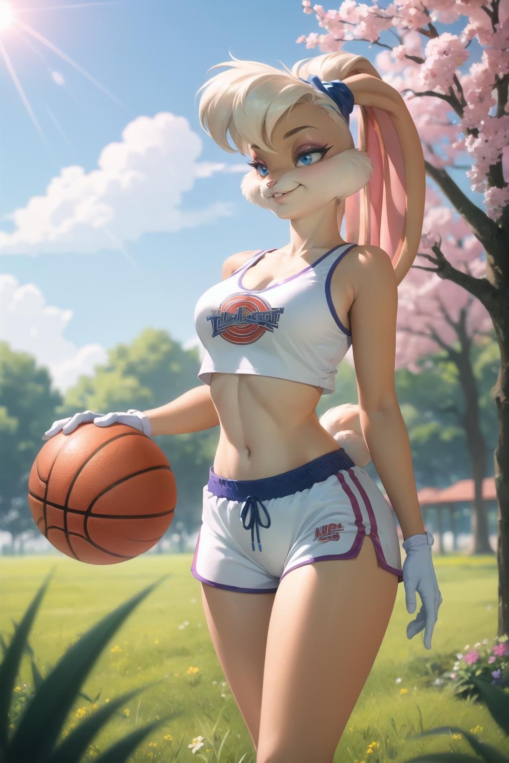 (masterpiece, best quality:1.2),  <lora:lola_bunny:.9>, lola bunny, 1girl, breasts, gloves, solo, furry female, rabbit girl, shorts, white gloves, furry, navel, rabbit ears, animal ears, large breasts, cleavage, collarbone, white shorts, midriff, sportswear, sports bra, bare shoulders, standing, stomach, crop top, tail, short shorts, blue eyes, thighs, rabbit tail, basketball uniform, clothes writing, toned, animal nose, parted lips, sleeveless, teeth, short hair, shirt, flower, blurry, outdoors, purple flower, depth of field, nature, blurry background, day, looking away, smile, looking to the side, plant, grass, blurry foreground, standing, sunlight, pink flower