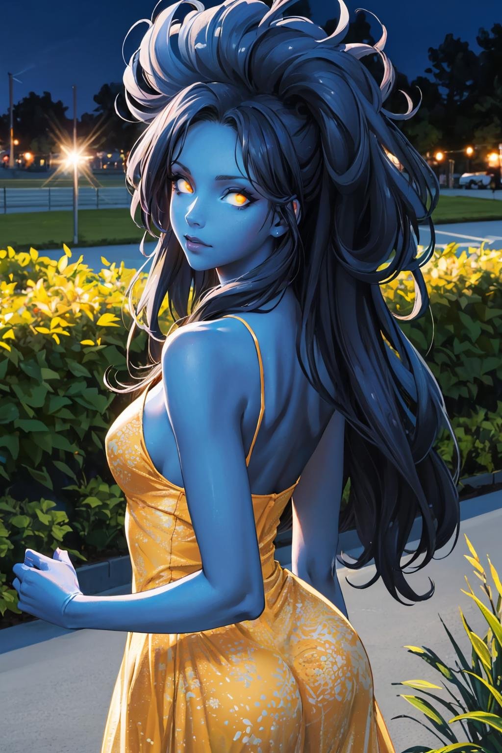 masterpiece, best quality, 1girl, solo, looking at viewer, breasts, <lora:singularity-guy-v2:.95>, singularity, (blue skin:1.2), colored skin,  glowing, glowing eyes, long hair, monster girl, yellow sundress, from behind, looking back, outdoors, garden, 