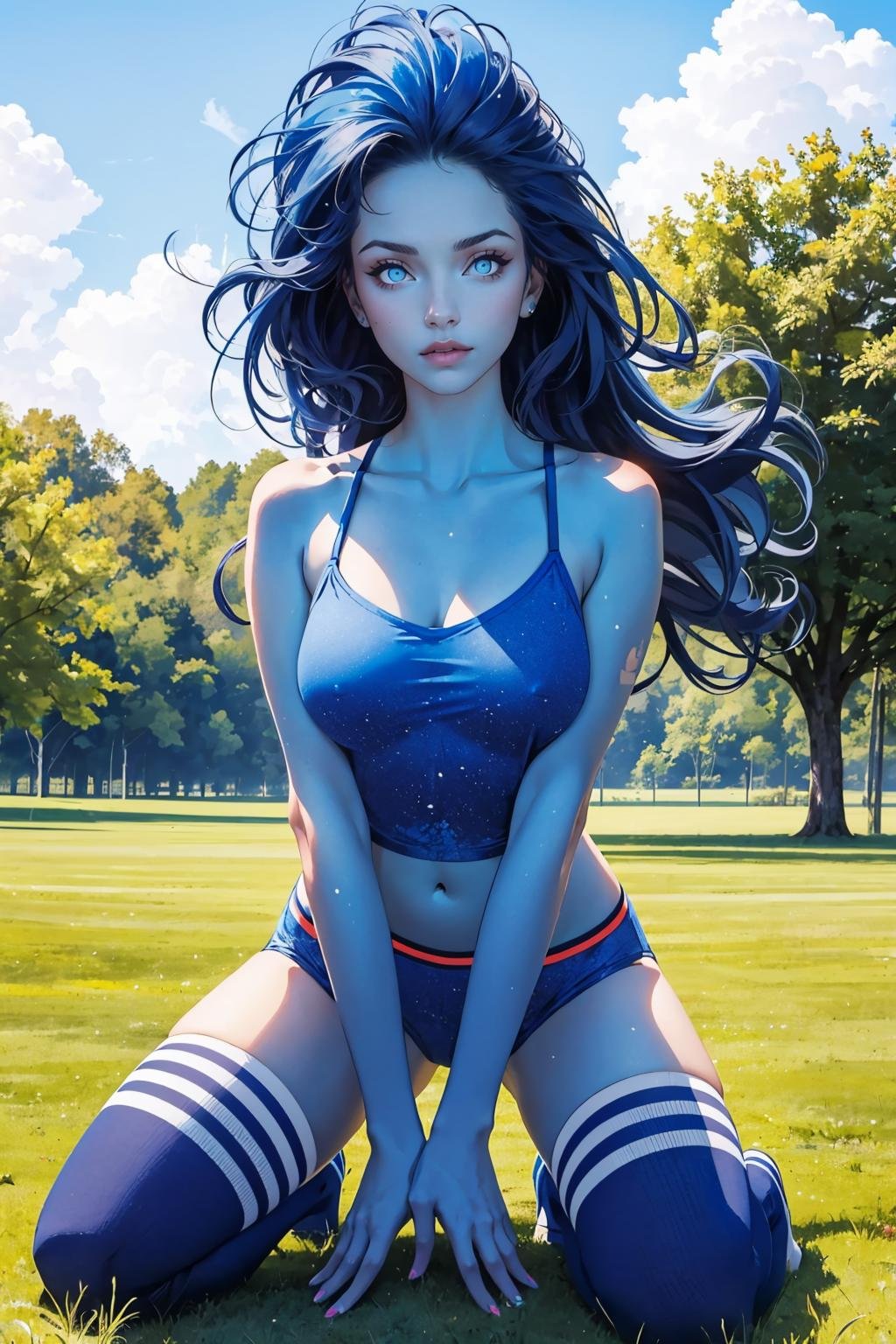 masterpiece, best quality, 1girl, solo, looking at viewer, breasts, <lora:singularity-guy-v2:.95>, singularity, (blue skin:1.2), colored skin,  glowing, glowing eyes, long hair, monster girl,  <lora:sportkhth:0.9> sportkhth, thighhighs, buruma, camisole, outdoors, 