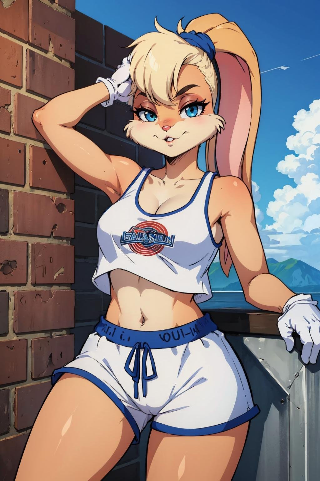 masterpiece, best quality, 1girl, solo, looking at viewer, breasts,  <lora:lolabunny-guy-v3:.98>, lolabunny, furry, white shorts, white gloves, tank top, sportswear, 