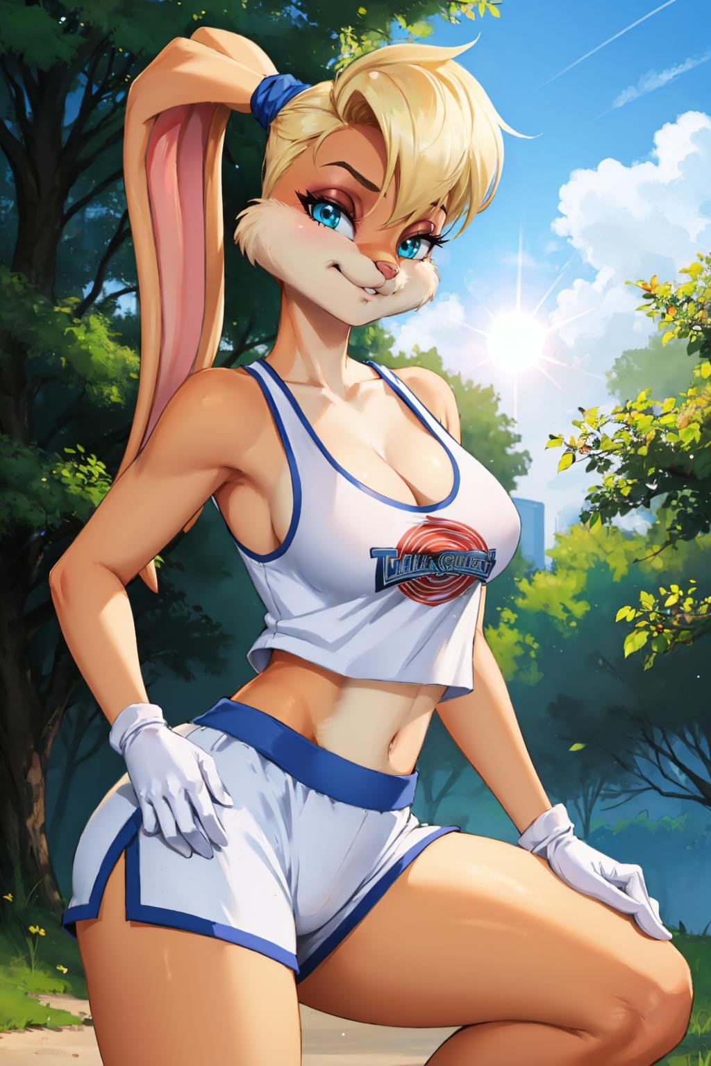 masterpiece, best quality, outdoors, depth of field, lens flare, light particles, 1girl, solo, looking at viewer, breasts,  <lora:lolabunny-guy-v3:1>, lolabunny, furry, white shorts, white gloves, tank top, sportswear