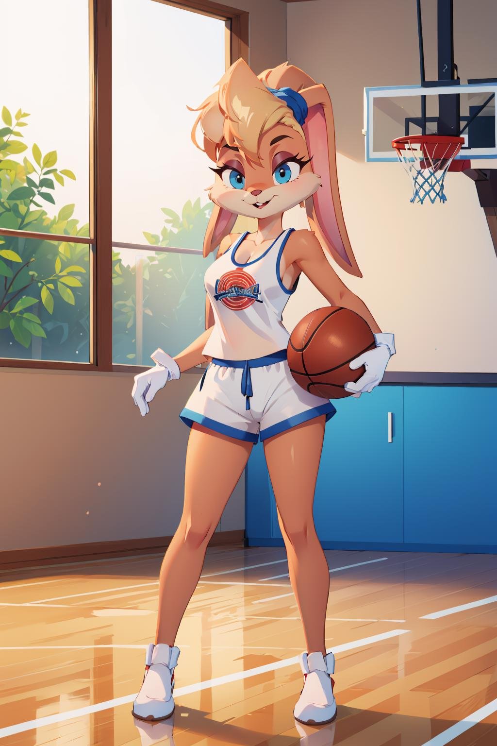 masterpiece, best quality, 1girl, solo, looking at viewer, breasts,  <lora:lolabunny-guy-v3:.98>, lolabunny, furry, white shorts, white gloves, tank top, sportswear, basketball court, holding basketball, 