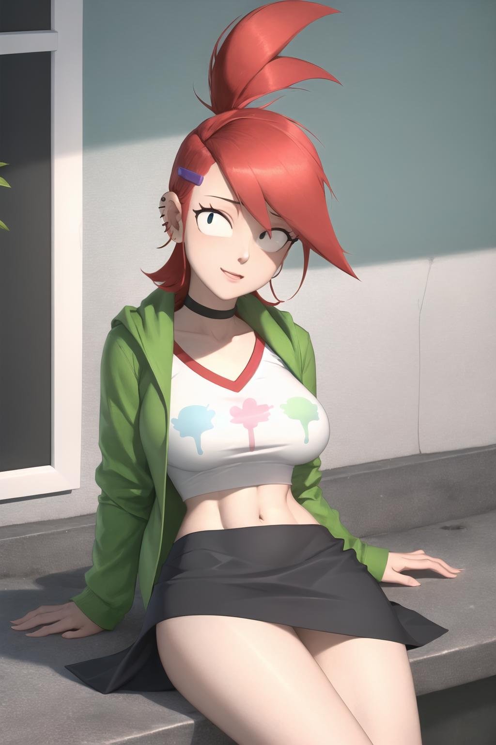 (masterpiece, best quality:1.2), <lora:frankie_foster:1>, frankie foster, 1girl, breasts, solo, navel, piercing, skirt, ear piercing, red hair, large breasts, black eyes, green jacket, hair ornament, hairclip, midriff, jacket, choker, shirt, black choker, cropped shirt, purple skirt, white shirt, crop top, ponytail, long sleeves, jewelry, earrings, print shirt, open clothes, bangs, short hair, straight-on, portrait, sitting, indoors