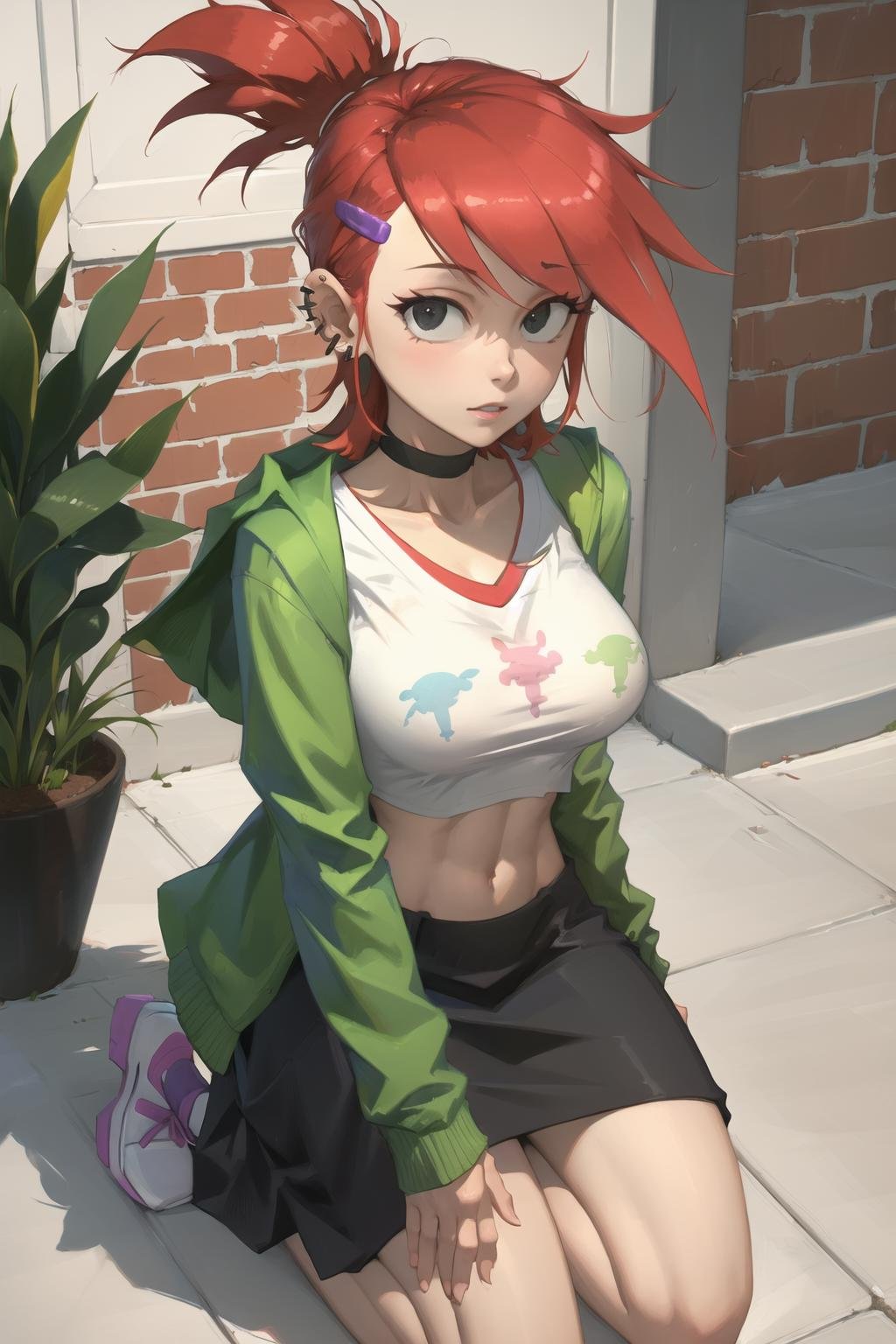 (masterpiece, best quality:1.2), <lora:frankie_foster:1>, frankie foster, 1girl, breasts, solo, navel, piercing, skirt, ear piercing, red hair, large breasts, black eyes, green jacket, hair ornament, hairclip, midriff, jacket, choker, shirt, black choker, cropped shirt, purple skirt, white shirt, crop top, ponytail, long sleeves, jewelry, earrings, print shirt, open clothes, bangs, short hair, from above, close-up, kneeling, outdoors