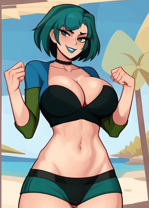 gwen (total drama), masterpiece, best quality, 1girl, solo, cowboy shot, toned, mature female, beach, 