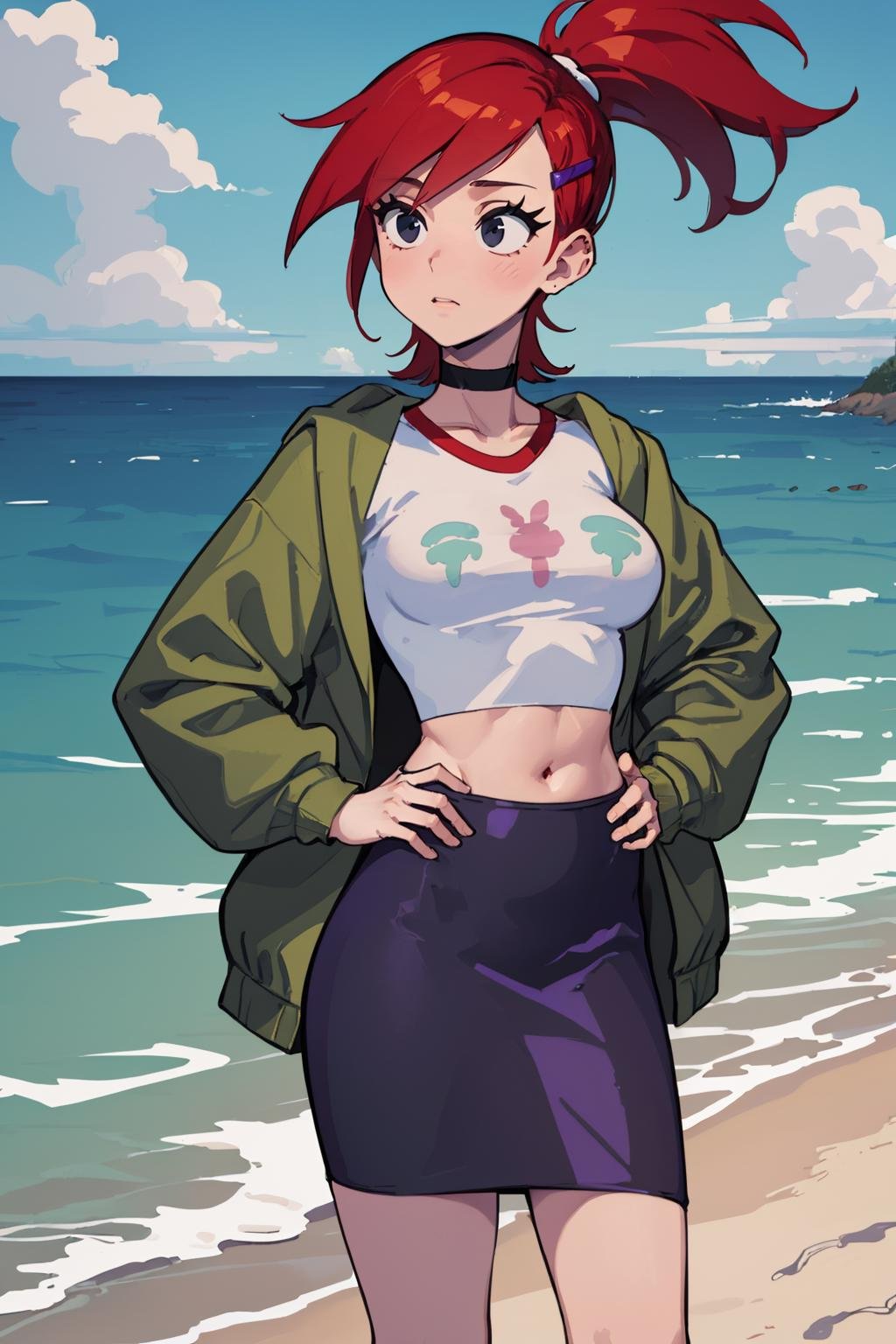 (masterpiece, best quality:1.2), <lora:frankiefoster:.95>, frankiefoster, 1girl, solo, breasts, skirt, medium breasts, shirt, hair ornament, jacket, white shirt, ponytail, choker, hairclip, midriff, crop top, black choker, purple skirt, green jacket, cropped shirt, beach, standing, ocean, reflection, hands on hips, 