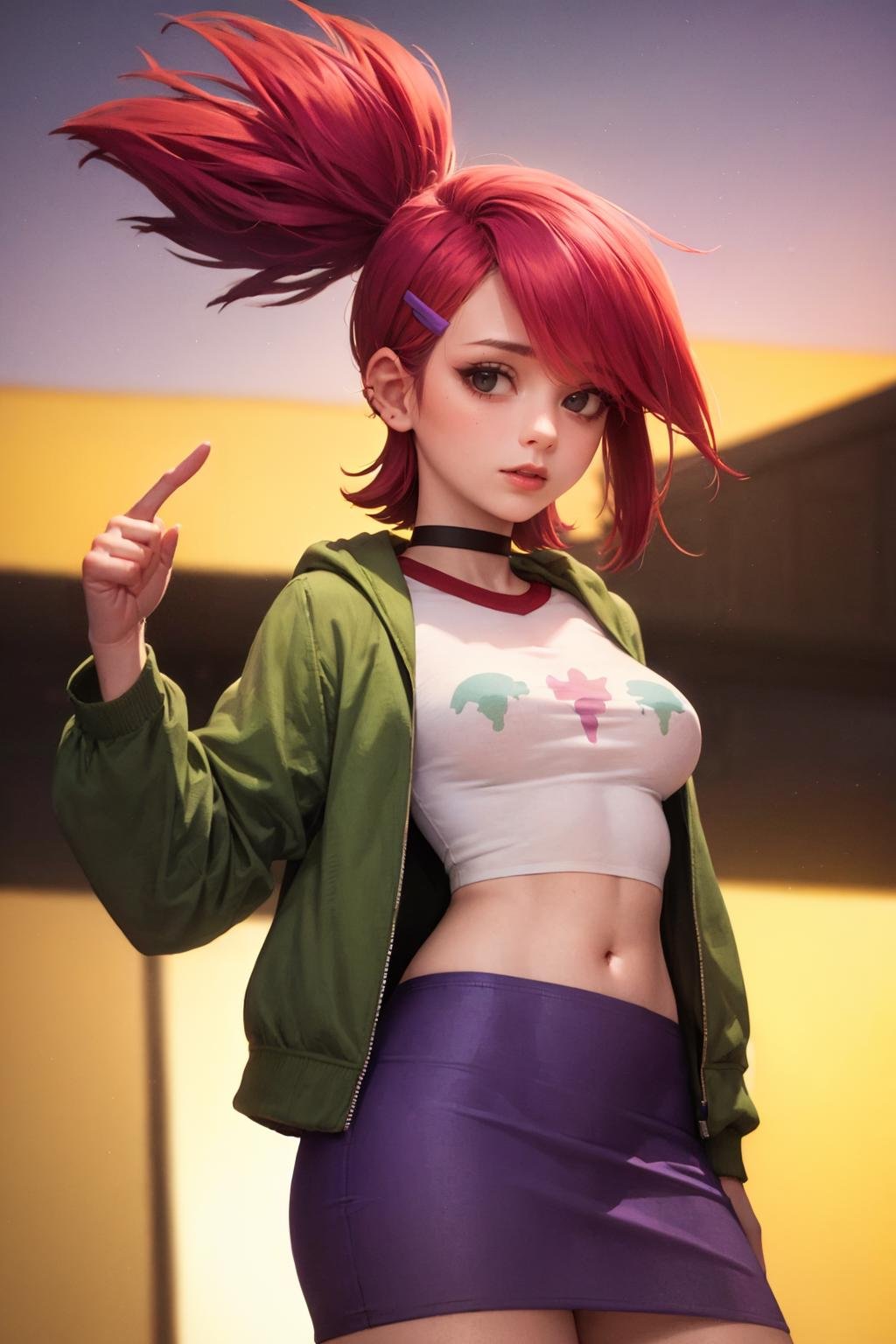 (masterpiece, best quality:1.2), <lora:frankiefoster:.95>, frankiefoster, 1girl, solo, breasts, skirt, medium breasts, shirt, hair ornament, jacket, white shirt, ponytail, choker, hairclip, midriff, crop top, black choker, purple skirt, green jacket, cropped shirt, outdoors, city, purple sky