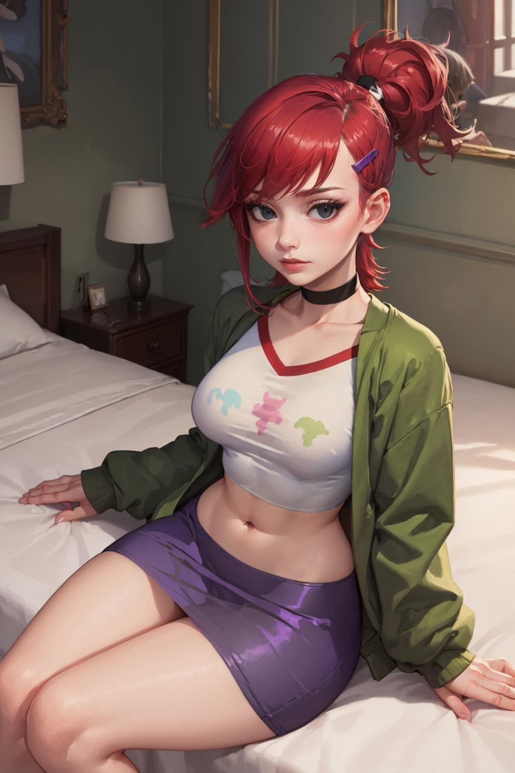 (masterpiece, best quality:1.2), <lora:frankiefoster:.95>, frankiefoster, 1girl, solo, breasts, skirt, medium breasts, shirt, hair ornament, jacket, white shirt, ponytail, choker, hairclip, midriff, crop top, black choker, purple skirt, green jacket, cropped shirt, indoors, sitting, bed, 