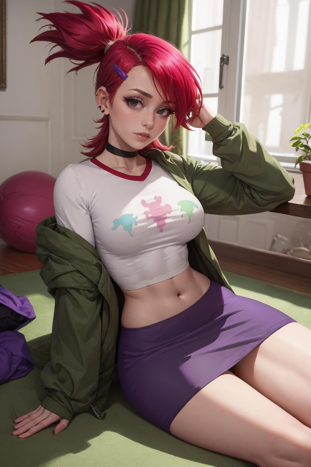 (masterpiece, best quality:1.2), <lora:frankiefoster:.95>, frankiefoster, 1girl, solo, breasts, skirt, medium breasts, shirt, hair ornament, jacket, white shirt, ponytail, choker, hairclip, midriff, crop top, black choker, purple skirt, green jacket, cropped shirt, indoors, foreshortening, wariza, sitting, 