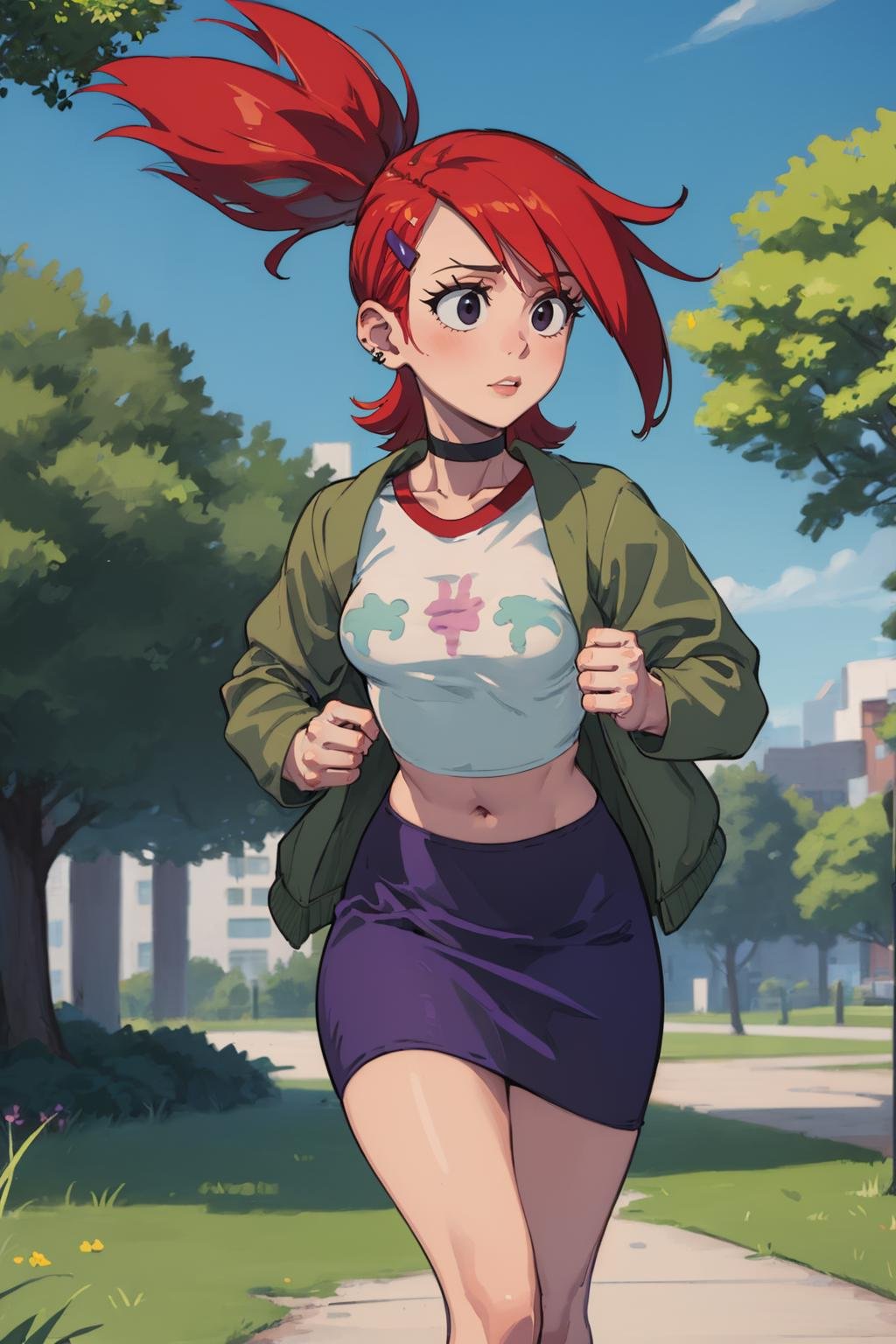 (masterpiece, best quality:1.2), <lora:frankiefoster:.95>, frankiefoster, 1girl, solo, breasts, skirt, medium breasts, shirt, hair ornament, jacket, white shirt, ponytail, choker, hairclip, midriff, crop top, black choker, purple skirt, green jacket, cropped shirt, park, park bench, running, path, tree, grass, 