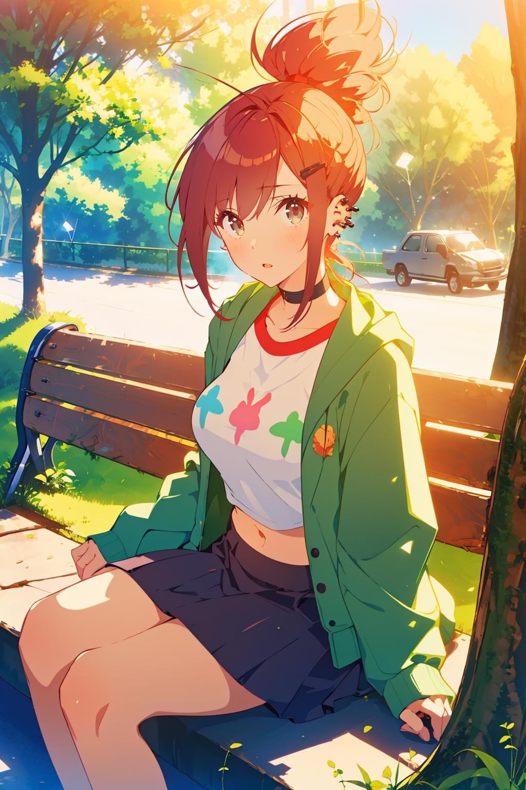 masterpiece, best quality, 1girl, solo, looking at viewer, breasts,  <lora:frankiefoster-guy-301:1>, frankiefoster, ponytail, choker, hairclip, hair ornament, piercing, shirt, green jacket, midriff, skirt, lens flare, sitting, park bench, park, tree, 