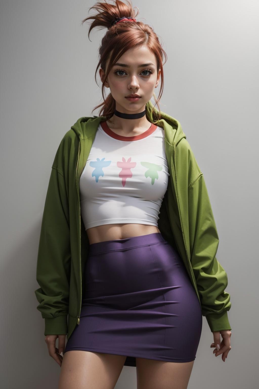 masterpiece, best quality, 1girl, solo, looking at viewer, breasts,  <lora:frankiefoster-guy-301:1>, frankiefoster, ponytail, choker, hairclip, hair ornament, shirt, green jacket, piercing, midriff, skirt, simple background, white background, purple skirt, 