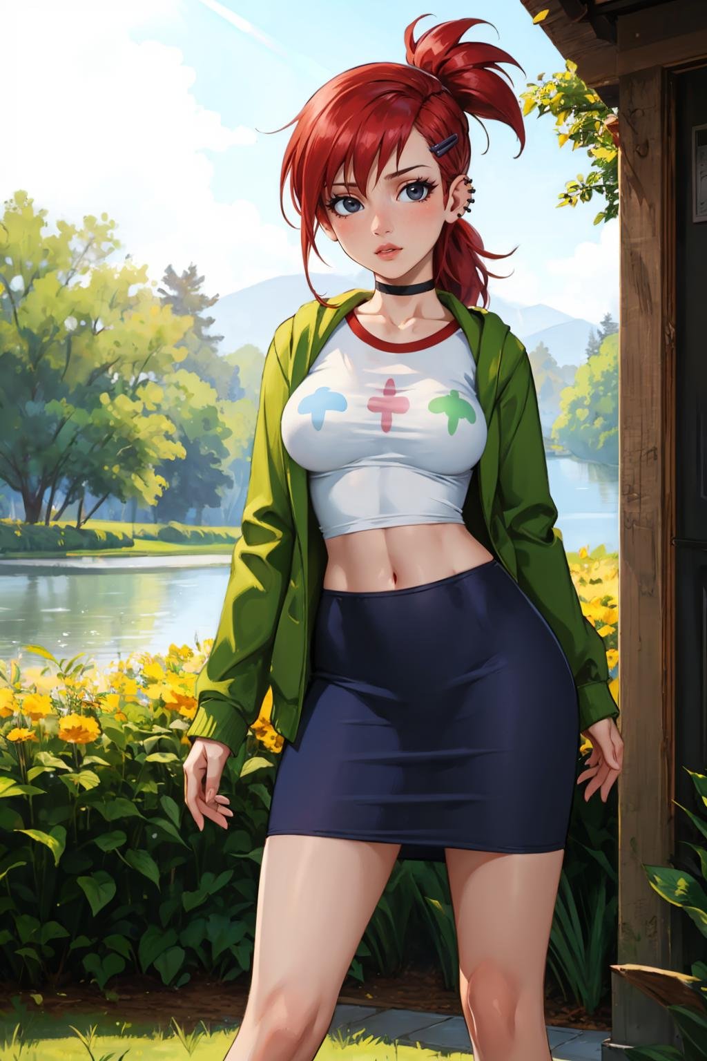 masterpiece, best quality, outdoors, light particles, depth of field, lens flare, 1girl, solo, looking at viewer, breasts,  <lora:frankiefoster-guy-301:1>, frankiefoster, ponytail, choker, hairclip, hair ornament, shirt, green jacket, piercing, midriff, skirt, standing, contrapposto, 