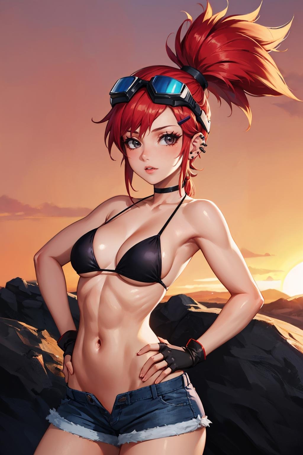 masterpiece, best quality, 1girl, solo, looking at viewer, breasts,  <lora:frankiefoster-guy-301:.95>, frankiefoster, ponytail, hairclip, choker, hair ornament, piercing, shorts, black bikini, (helmet:1.2), muscular, outdoors, dusk, rock, sand, sunset, red sky, bikini top only, fingerless gloves, hands on hips, goggles, 