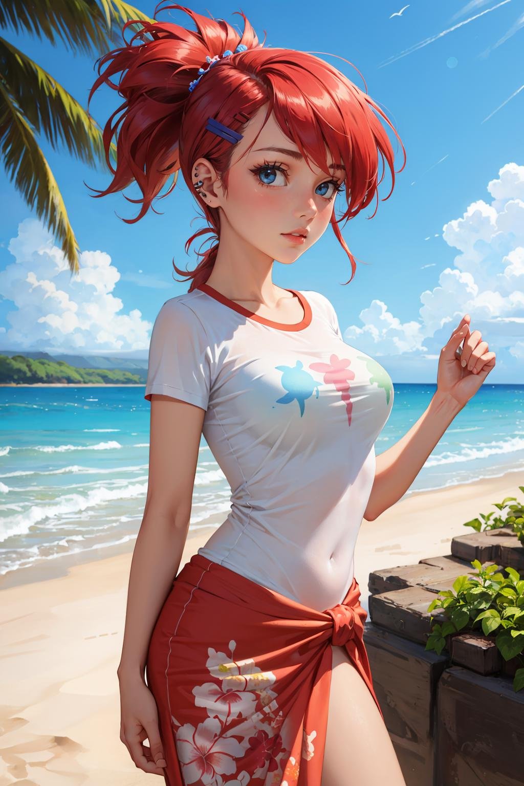 masterpiece, best quality, 1girl, solo, looking at viewer, breasts,  <lora:frankiefoster-guy-301:.95>, frankiefoster, ponytail, hairclip, hair ornament, piercing, outdoors, beach, hawaii, tropical, sarong, t-shirt, floral print,