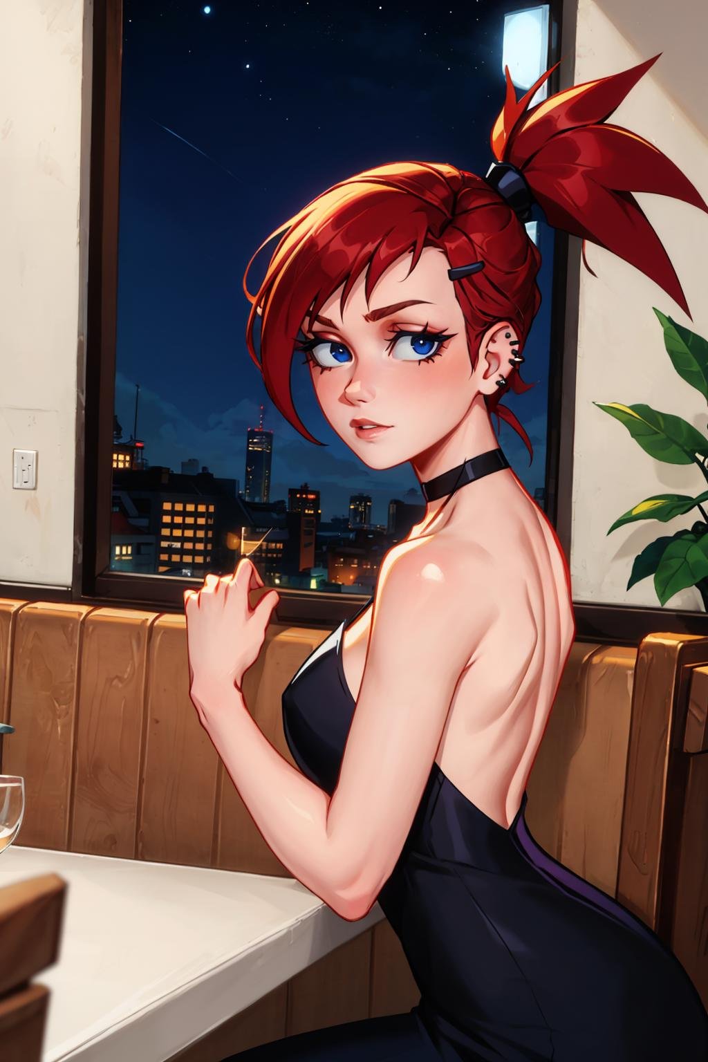 masterpiece, best quality, 1girl, solo, looking at viewer, breasts,  <lora:frankiefoster-guy-301:.95>, frankiefoster, ponytail, hairclip, choker, hair ornament, piercing, indoors, black dress, restaurant, night sky, window, 