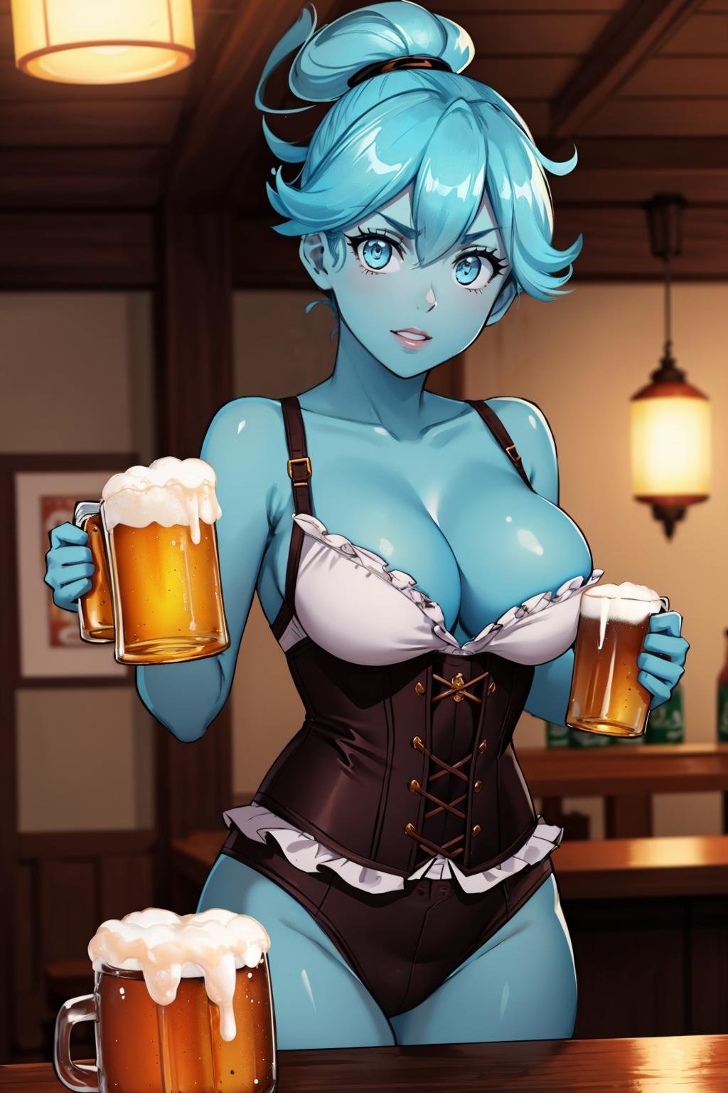 masterpiece, best quality, 1girl, solo, breasts, looking at viewer,  <lora:pollygeist-guy-v3:.95>, pollygeist, (blue skin:1.2), corset, tavern, indoors, lantern, beer, beer mug, 