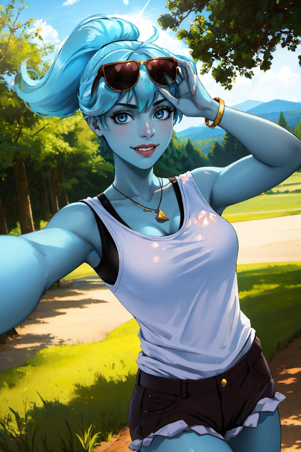 masterpiece, best quality, outdoors, lens flare, depth of field, light particles, 1girl, solo, breasts, looking at viewer,  <lora:pollygeist-guy-v3:1>, pollygeist, necklace, bracelet, eyewear on head, blue skin, shorts, tank top, smile, <lora:ffc_selfie_v1:0.95> ffc selfie