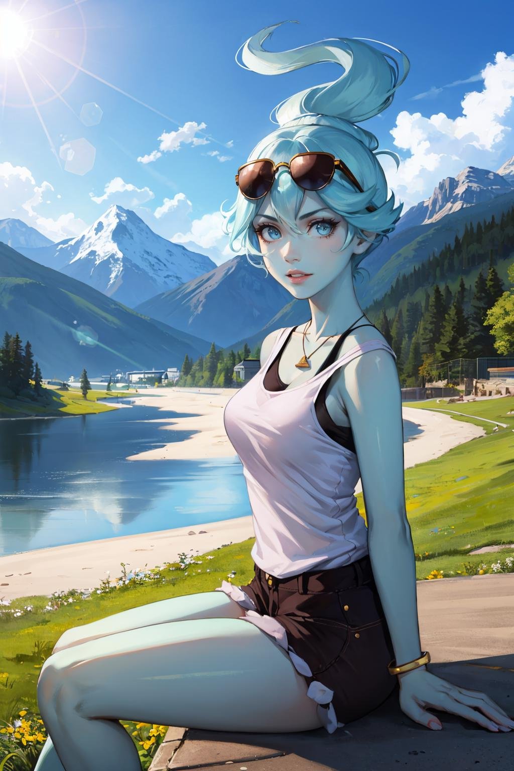 masterpiece, best quality, 1girl, solo, breasts, looking at viewer,  <lora:pollygeist-guy-v3:1>, pollygeist, necklace, bracelet, eyewear on head, (blue skin:1.2), shorts, tank top, sitting, mountain, outdoors, lens flare, sunlight, backdrop, 