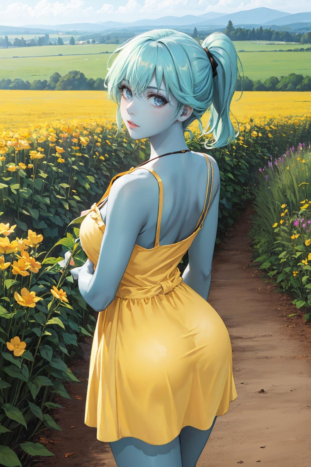 masterpiece, best quality, 1girl, solo, breasts, looking at viewer,  <lora:pollygeist-guy-v3:.95>, pollygeist, (blue skin:1.2), from behind, (yellow sundress:1.3), field, outdoors, looking back, 