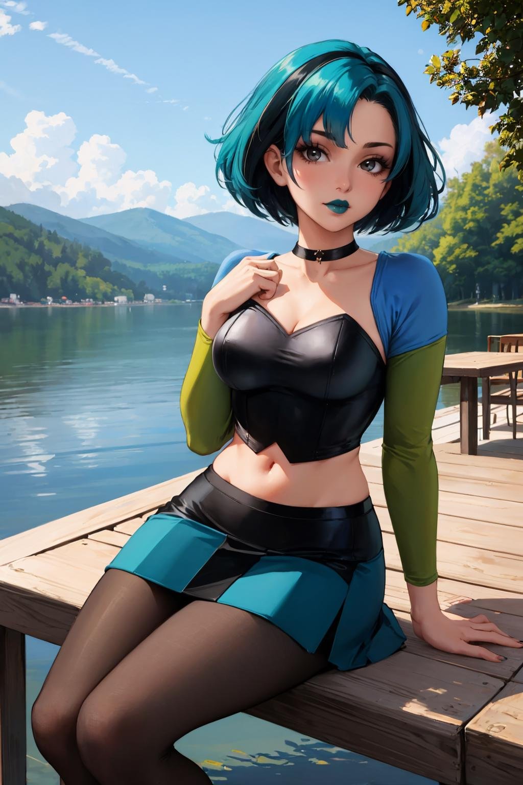 masterpiece, best quality, 1girl, solo, looking at viewer, breasts,  <lora:gwentd-guy-v501:1>, gwentd, two-tone hair, makeup, green lips, choker, crop top, long sleeves, midriff, skirt, pantyhose, outdoors, lake, sitting, deck