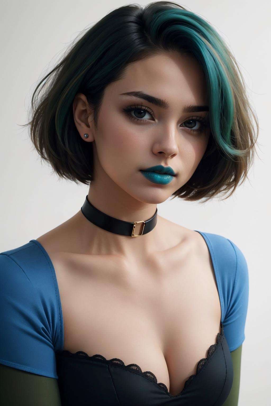 masterpiece, best quality, 1girl, solo, looking at viewer, breasts,  <lora:gwentd-guy-v501:1>, gwentd, two-tone hair, makeup, green lips, choker, long sleeves, portrait, simple background, white background, 