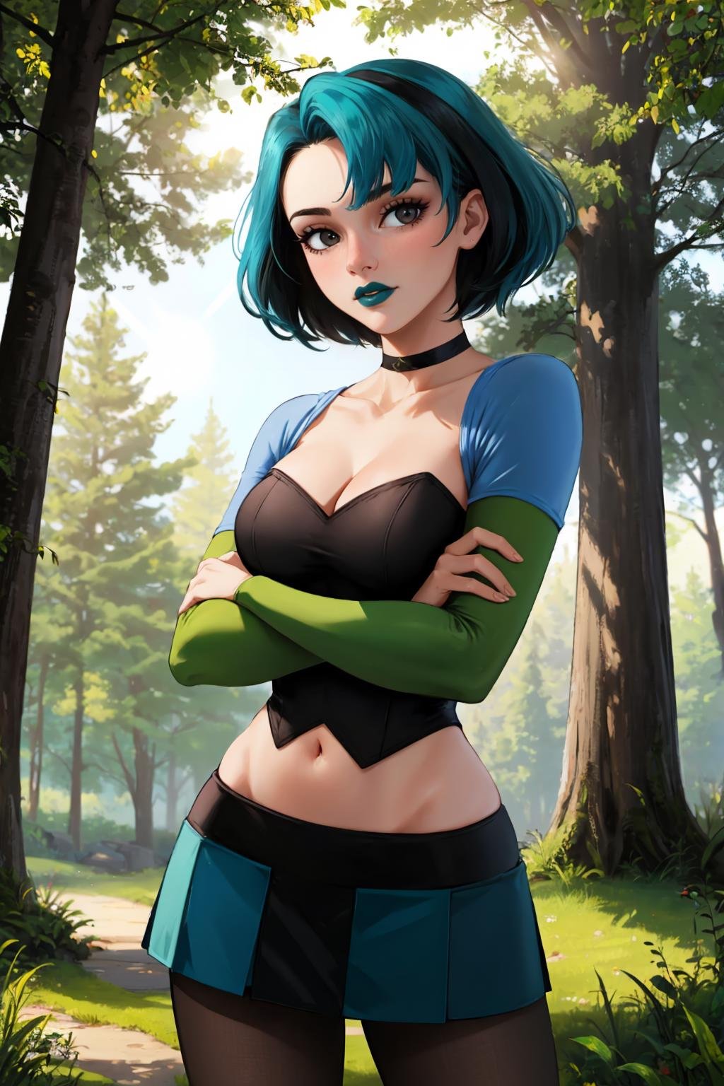 masterpiece, best quality, outdoors, lens flare, depth of field, light particles, 1girl, solo, looking at viewer, breasts,  <lora:gwentd-guy-v501:1>, gwentd, two-tone hair, makeup, green lips, choker, crop top, long sleeves, midriff, skirt, pantyhose, forest, crossed arms, 