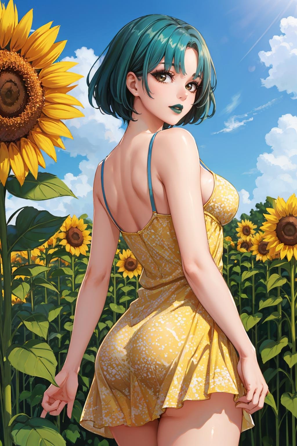 masterpiece, best quality, 1girl, solo, looking at viewer, breasts,  <lora:gwentd-guy-v501:.9>, gwentd, two-tone hair, makeup, green lips, lipstick, looking back, (yellow sundress:1.3), from behind, sunflower, field, outdoors, 