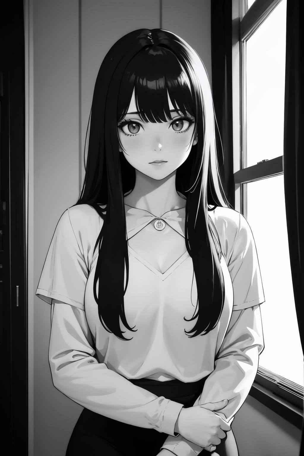 (masterpiece, best quality:1.2), 1girl, monochrome, greyscale, solo, long hair, hime cut, bangs, black hair, 