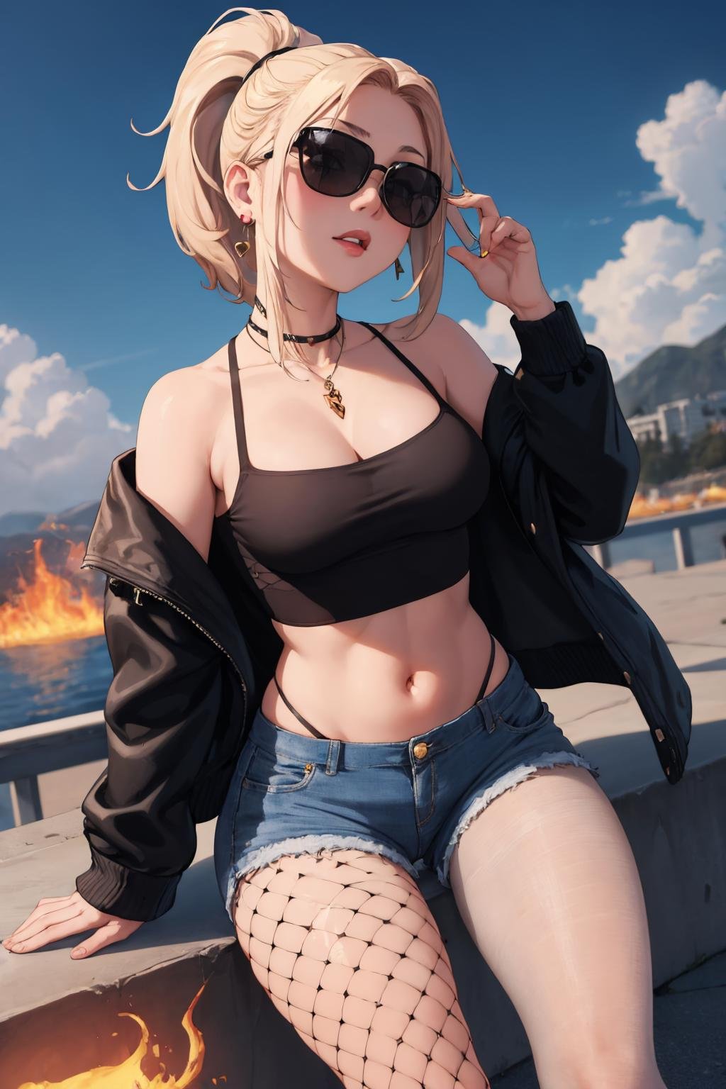 (masterpiece, best quality:1.2), 1girl, solo, fishnets, tattoo, lighter, shorts, fishnet pantyhose, pantyhose, navel, jewelry, jacket, fire, breasts, earrings, midriff, off shoulder, ponytail, short shorts, flame, tinted eyewear, sunglasses, denim shorts