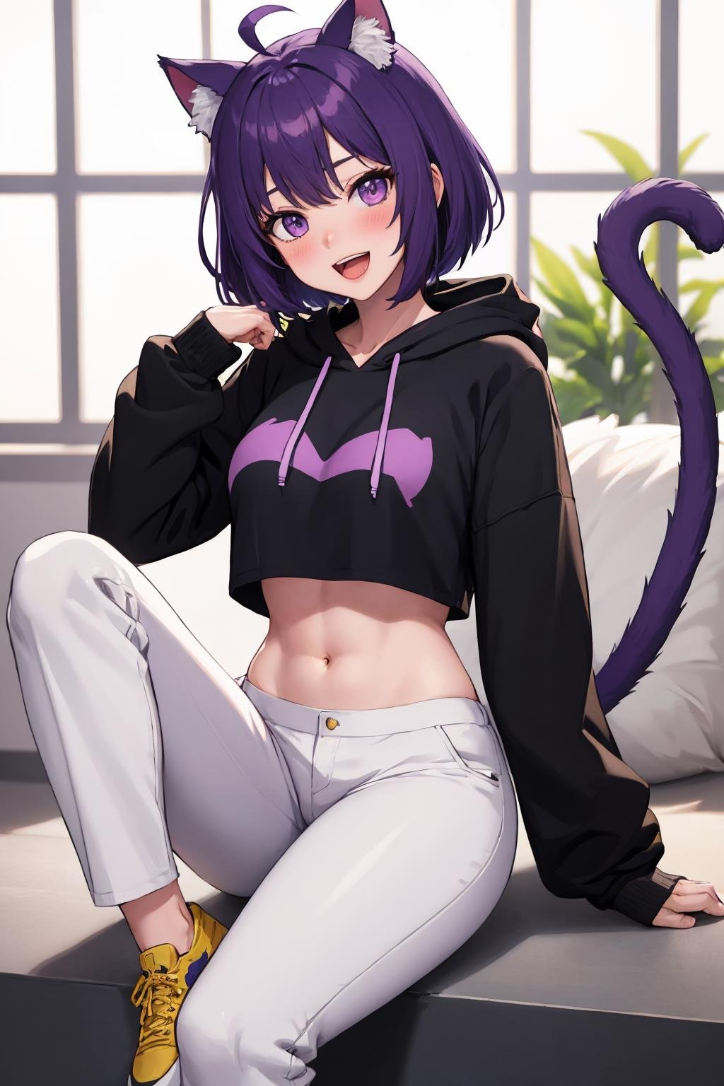 (masterpiece, best quality:1.2), 1girl, tail, animal ears, virtual youtuber, cat tail, cat ears, solo, purple eyes, purple hair, hood, navel, pants, ahoge, yellow footwear, sitting, hoodie, cat girl, looking at viewer, midriff, smile, shoes, open mouth, long sleeves, white pants, black hoodie, short hair, animal ear fluff, blush, breasts, crop top, bangs