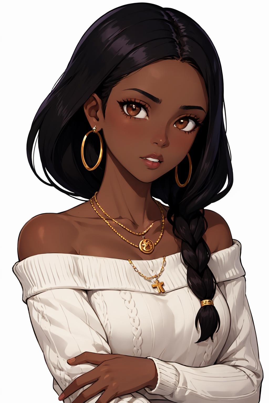 masterpiece, best quality, 1girl, solo, dark skin, dark-skinned female, jewelry, earrings, black hair, very dark skin, long hair, necklace, lips, white background, off-shoulder sweater, off shoulder, simple background, collarbone, dreadlocks, sweater, bare shoulders, parted lips, brown eyes, off-shoulder shirt