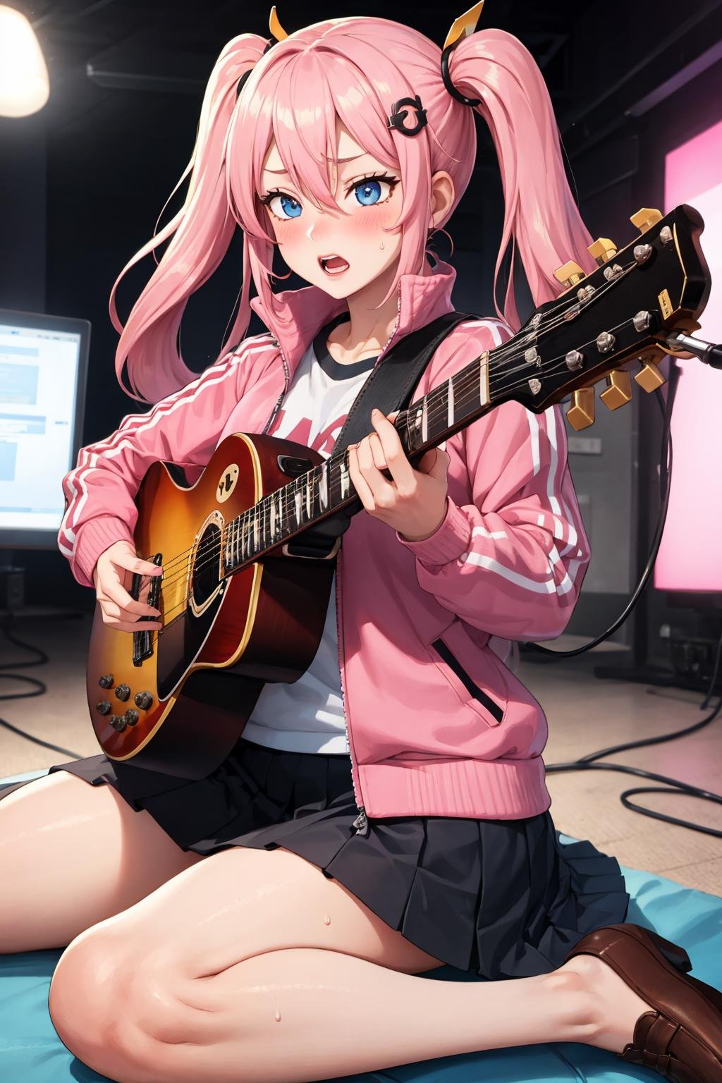 masterpiece, best quality, 1girl, cube hair ornament, pants under skirt, pink hair, hair ornament, guitar, pink jacket, long hair, instrument, track jacket, jacket, electric guitar, gibson les paul, pink pants, skirt, sitting, pants, solo, open mouth, pleated skirt, holding, flying sweatdrops, hair between eyes, track pants, shoes, bangs, holding instrument, brown footwear, wariza, loafers, blush, one side up, long sleeves, sweat, blue eyes, signature, black skirt, sweatdrop