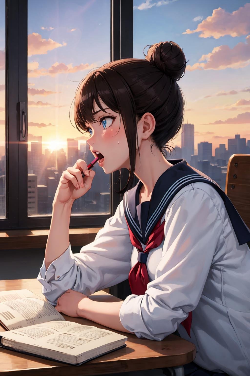 masterpiece, best quality, 1girl, solo, school uniform, blue eyes, pencil, serafuku, holding, window, mouth hold, pencil case, book, indoors, brown hair, single hair bun, desk, sailor collar, shirt, writing, white shirt, eraser, sunset, pen, sky, lens flare, sunlight, profile, sweat, hair bun, from side, cloud, holding pencil, sleeves rolled up, food, open book, black hair, backlighting, open mouth