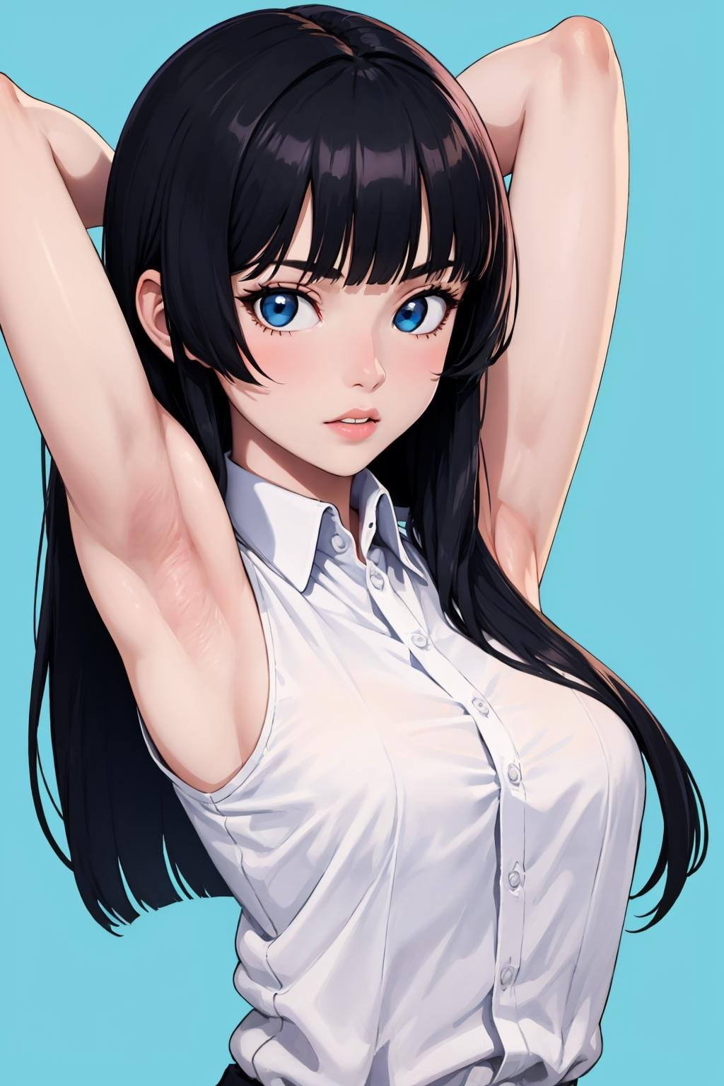 masterpiece, best quality, 1girl, solo, long hair, black hair, arms up, hair intakes, looking at viewer, bangs, blue eyes, shirt, armpits, lips, white shirt, black eyes, upper body, blue background, sleeveless, blunt bangs