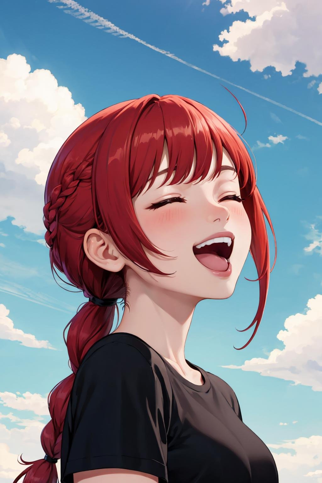 masterpiece, best quality, 1girl, solo, braid, sky, red hair, open mouth, closed eyes, cloud, braided ponytail, blue sky, bangs, smile, teeth, sidelocks, cloudy sky, long hair, shirt, day, black shirt