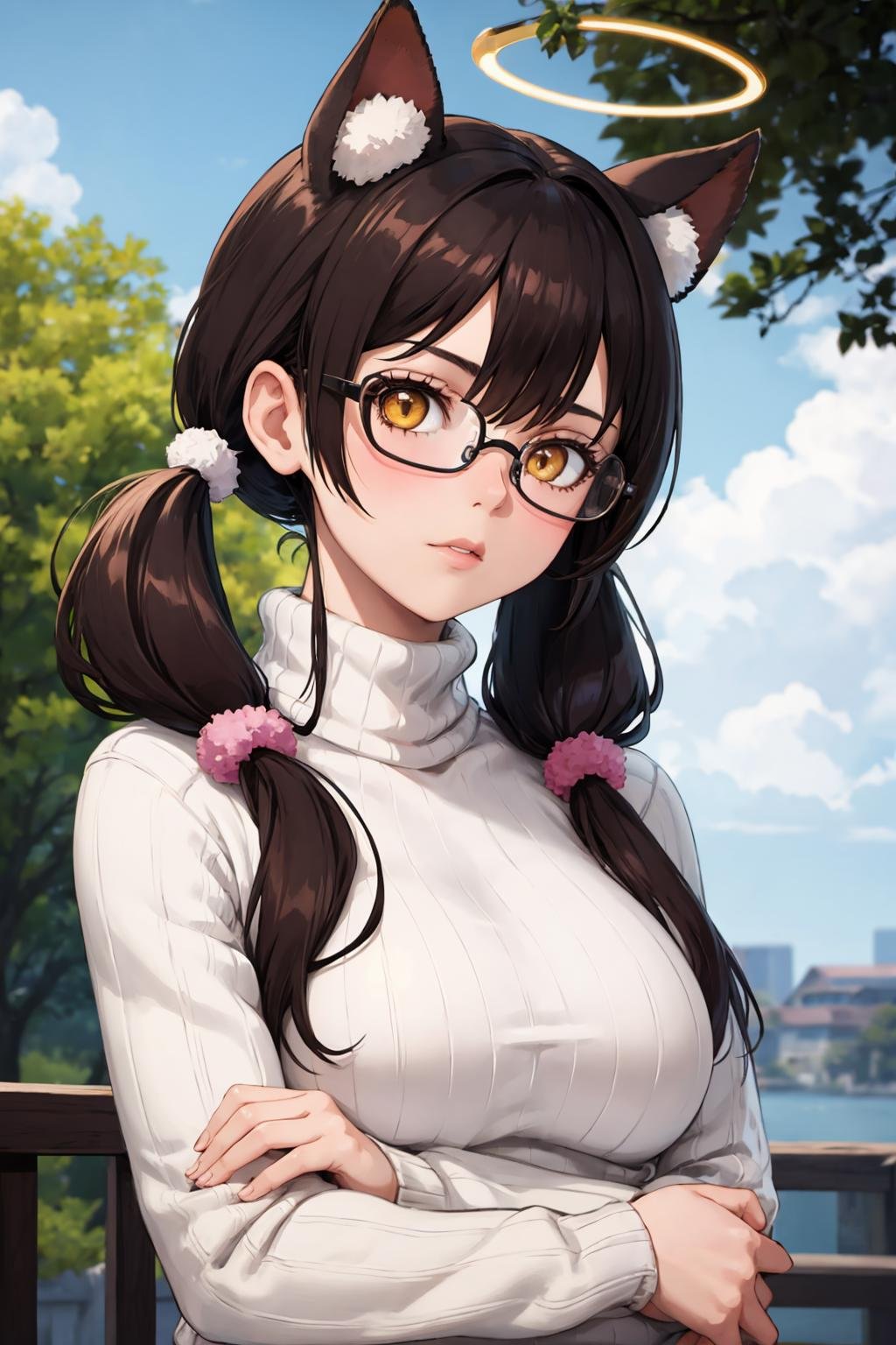 masterpiece, best quality, 1girl, breasts, blue sweater, glasses, large breasts, twintails, solo, sweater, round eyewear, animal ears, halo, pom pom hair ornament, looking at viewer, pom pom \(clothes\), yellow eyes, hair ornament, turtleneck sweater, fake animal ears, upper body, brown hair, turtleneck, bangs, long hair, long sleeves, low twintails, tree, brown eyes, outdoors, grey-framed eyewear