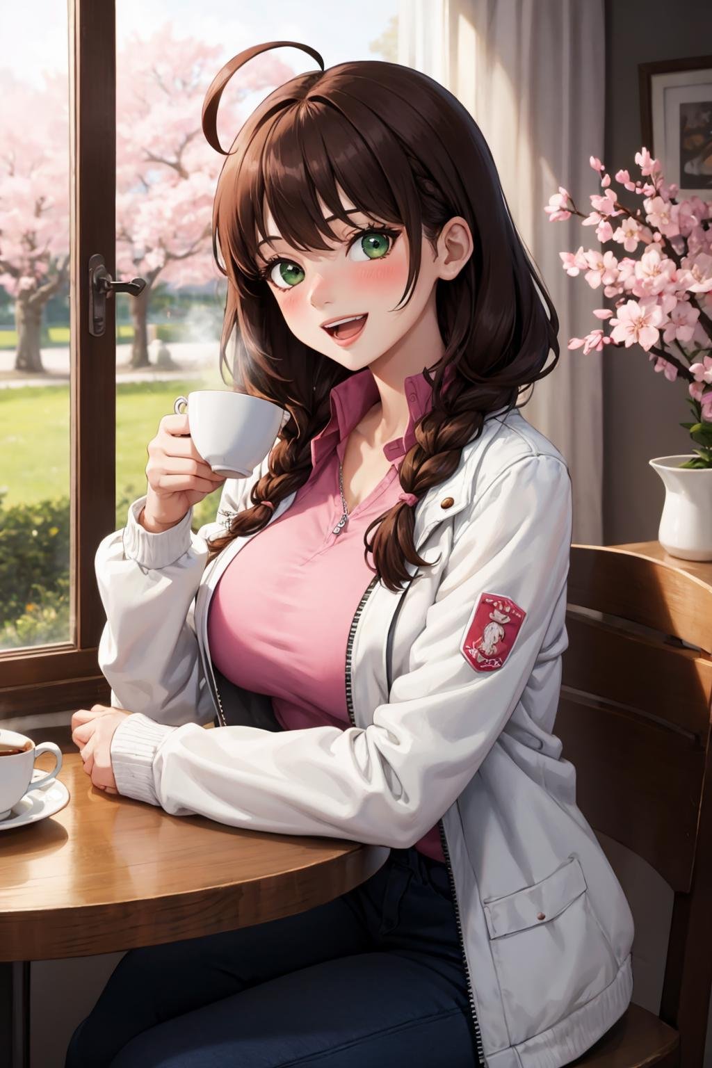 masterpiece, best quality, 1girl, breasts, cup, solo, large breasts, table, chair, long hair, sitting, looking at viewer, smile, jacket, braid, ahoge, open mouth, cherry blossoms, blush, holding cup, holding, shirt, brown hair, window, coffee, indoors, open jacket, steam, long sleeves, pink shirt, tree, bangs, green eyes, open clothes, breast rest, teacup, white jacket